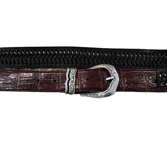 Brighton Brown Crocodile W/Black Braid/Weave Belt W/Silver Buckle - SIZE XL 36 - Picture 4 of 6